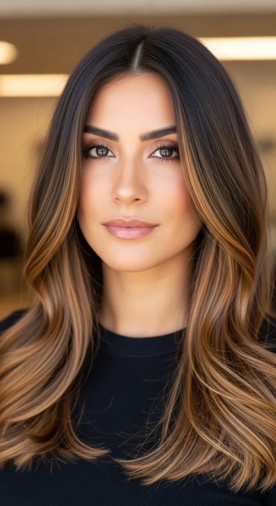 Honey Caramel Highlights on Dark Brown Hair