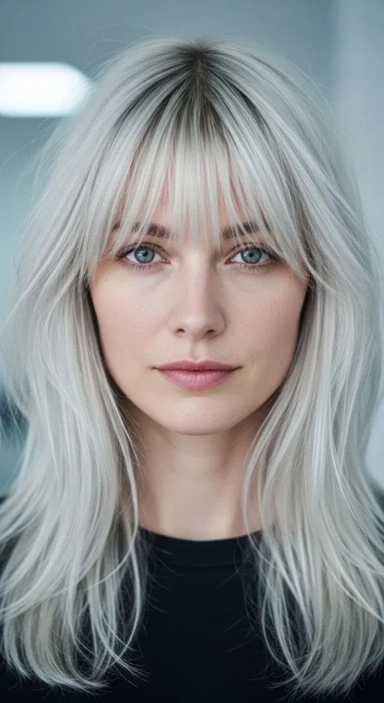 Icy Platinum Long Wolf Cut with Wispy Curtain Bangs