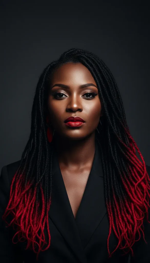 Jet Black Dyed Locs With Bold Red Tips