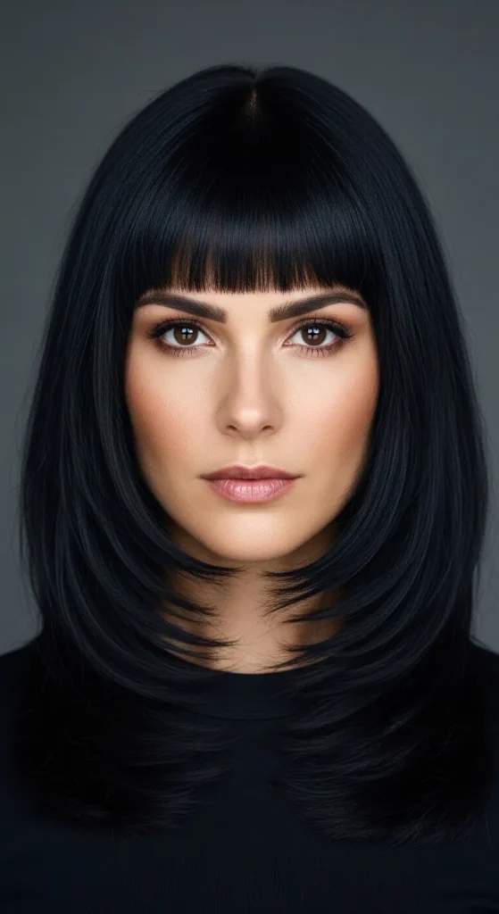 Jet Black Long Wolf Cut with Sleek Curtain Bangs