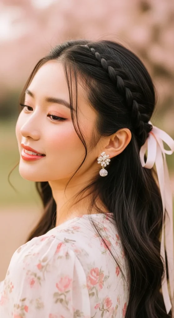 Korean Braided Half-Up with Ribbon Accessory