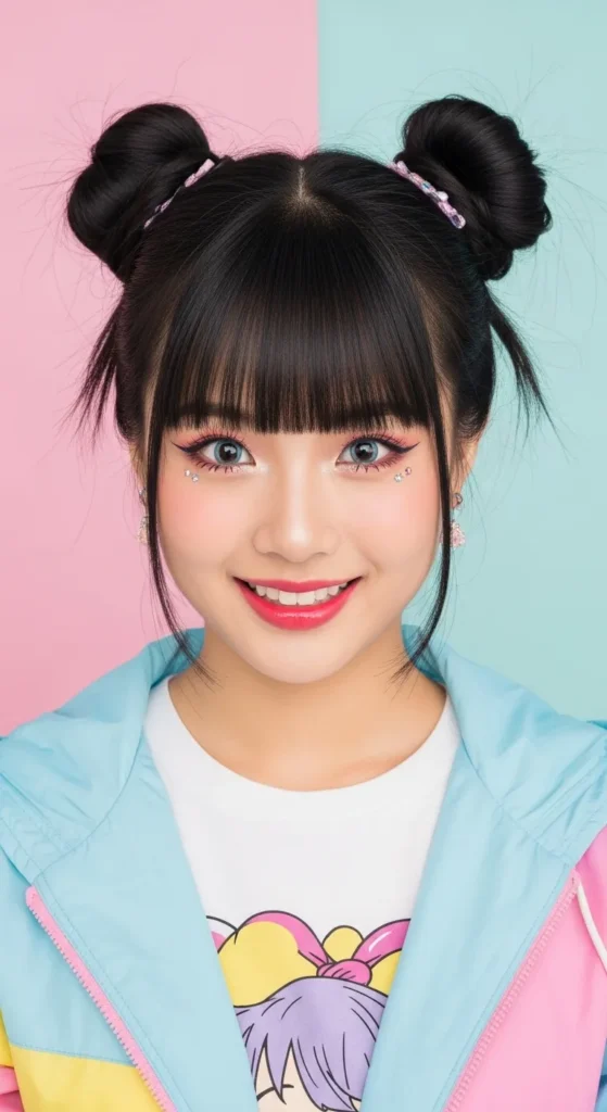 Korean Space Buns with Straight Fringe