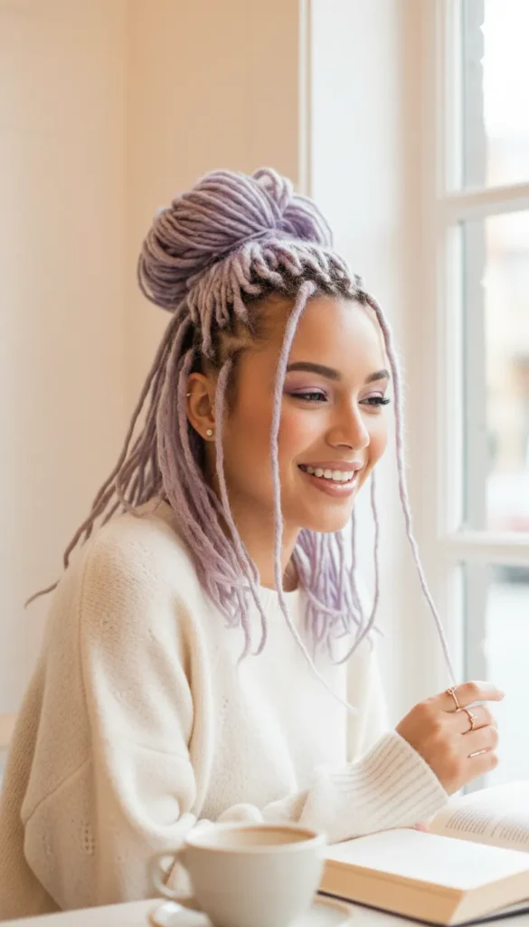 Lavender Purple Dyed Locs Styled in a Messy Bun