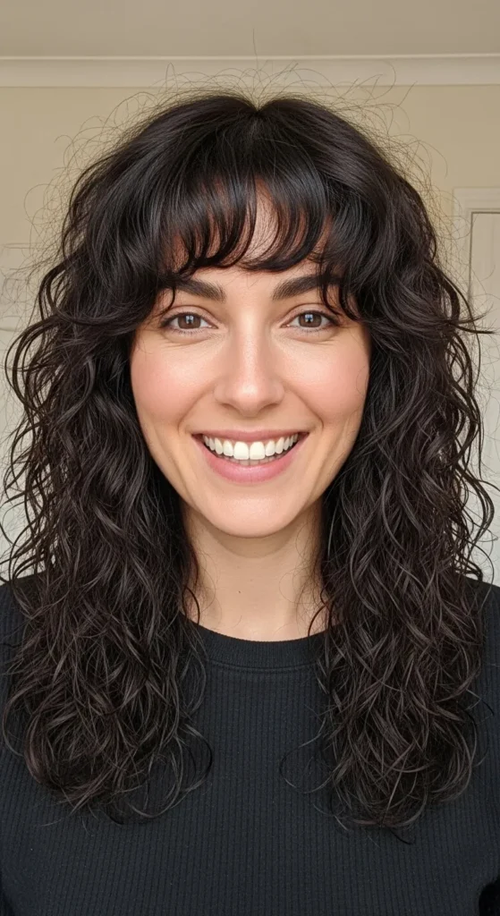 Layered Long Wolf Cut with Curly Curtain Bangs