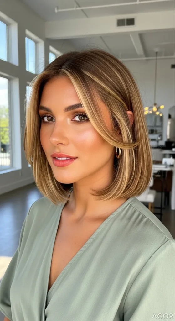 Lob Haircut With Face Framing Highlights For Oval Shaped Face