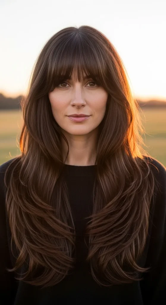 Long Wolf Cut with Curtain Bangs and Subtle Face-Framing Highlights