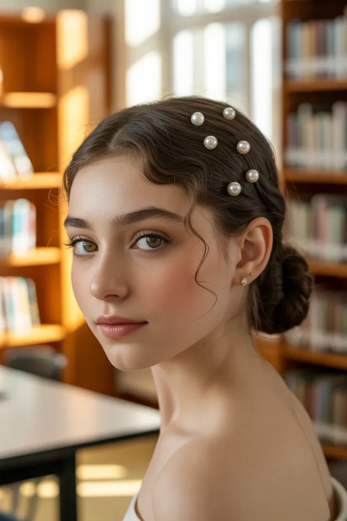 Low Twisted Bun With Pearl Pins