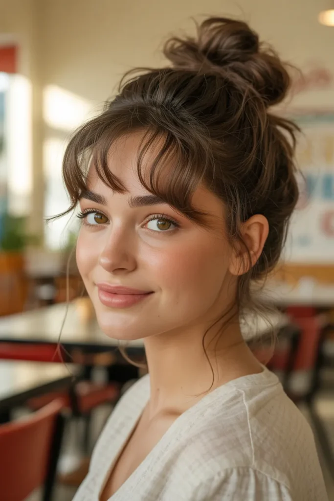 Messy Bun With Face-Framing Curtain Bangs