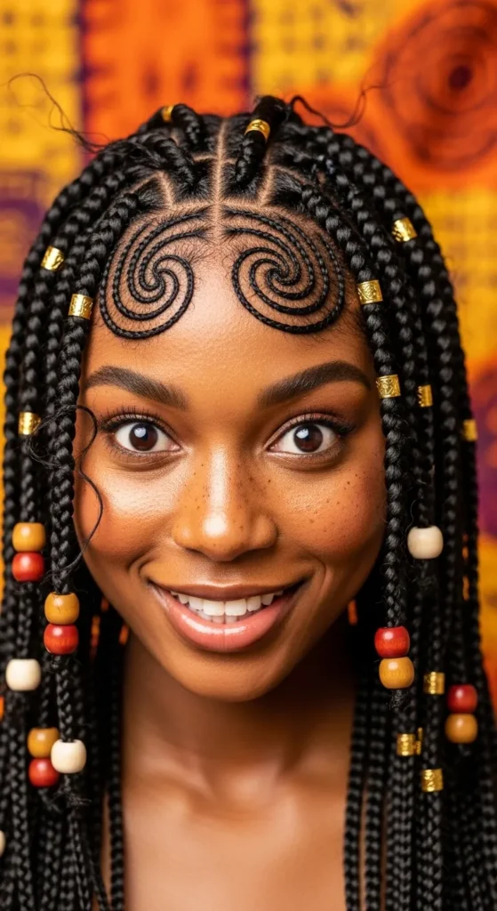 Mini Swirl Cornrows With Beads and Gold Cuffs