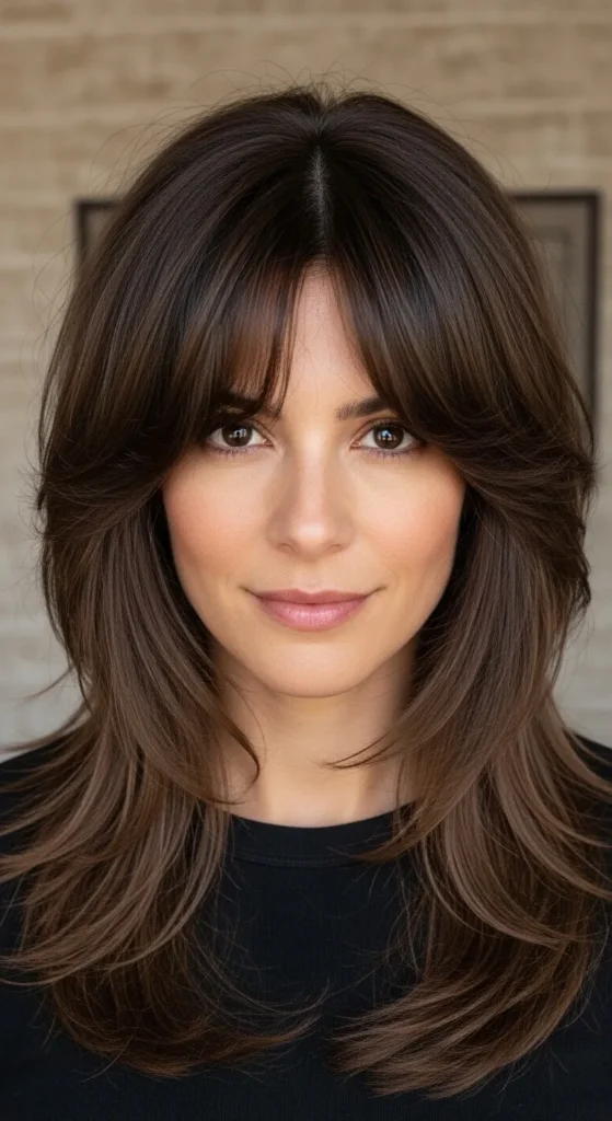 Mocha Brown Long Wolf Cut with Layered Curtain Bangs