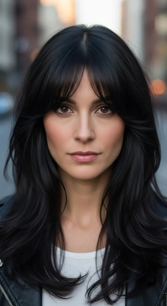 Natural Black Long Wolf Cut with Soft Blended Curtain Bangs