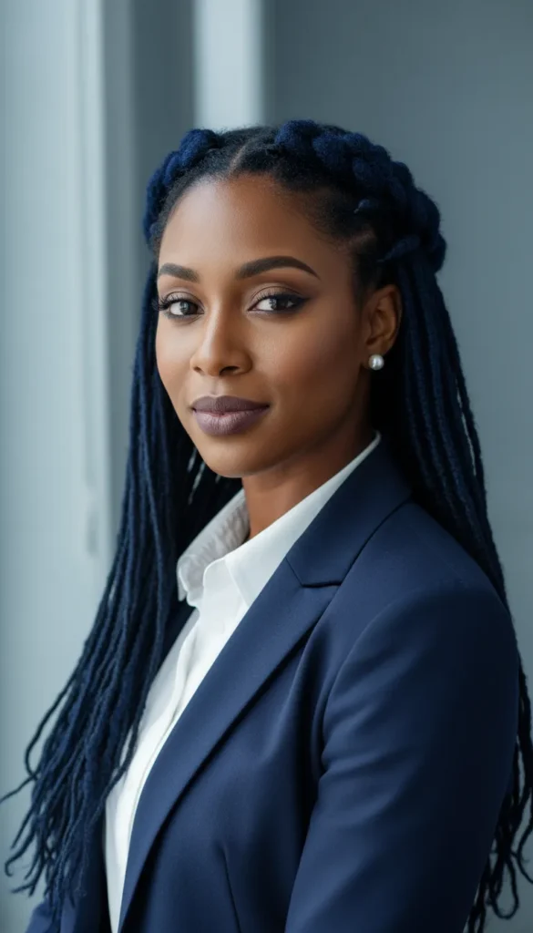 Navy Blue Dyed Locs With a Twisted Crown Braid