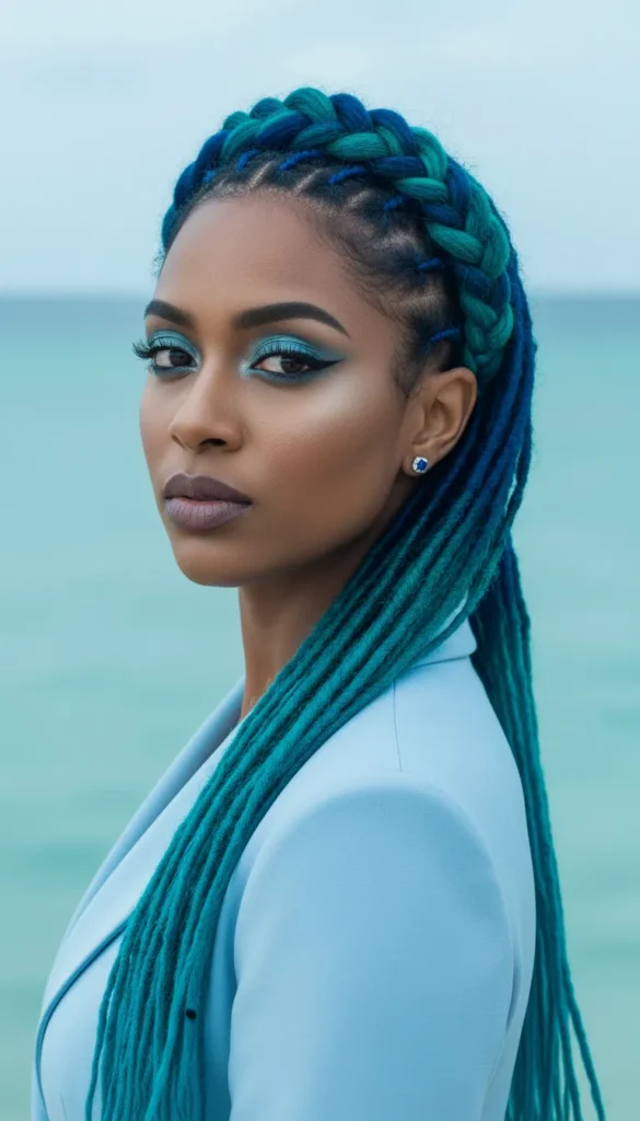 Ocean Blue and Teal Dyed Locs in a Braided Crown