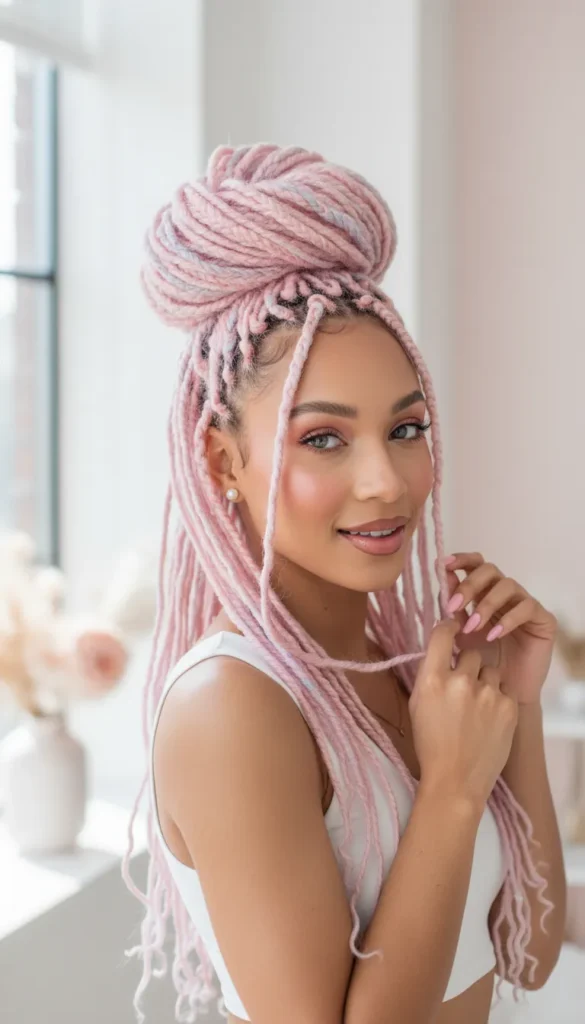 Pastel Pink Dyed Locs in a High Bun Updo