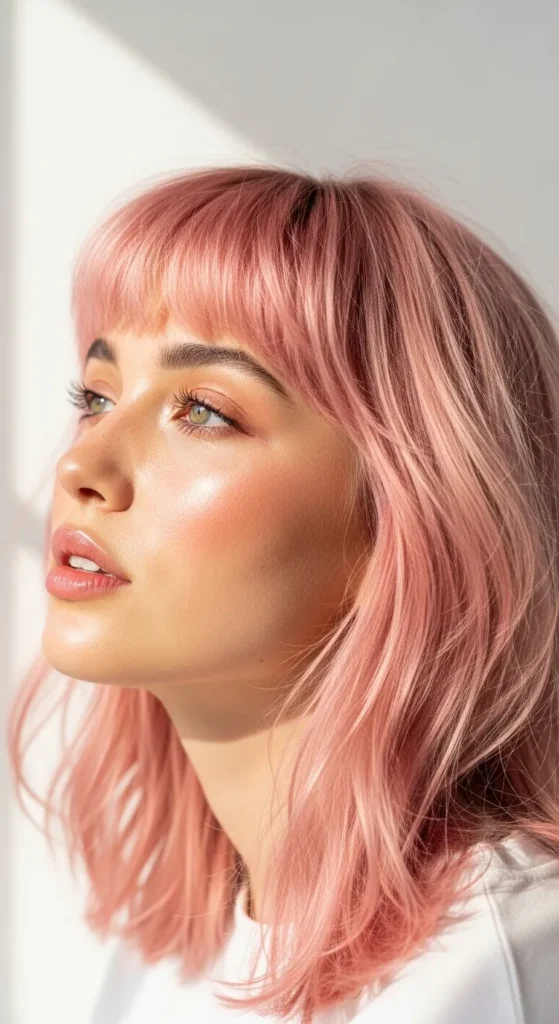 Pastel Pink Wolf Cut with Soft Blush Bangs