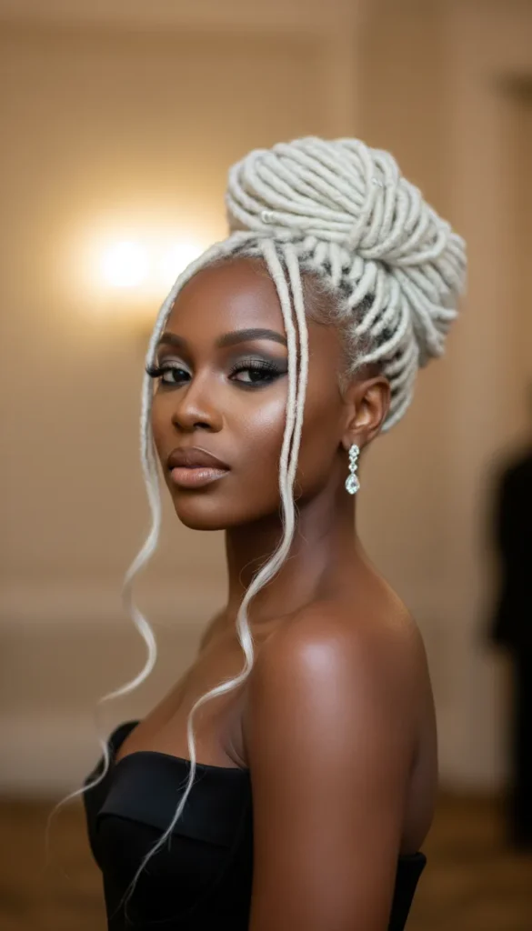 Platinum Blonde Dyed Locs With a Loc Updo