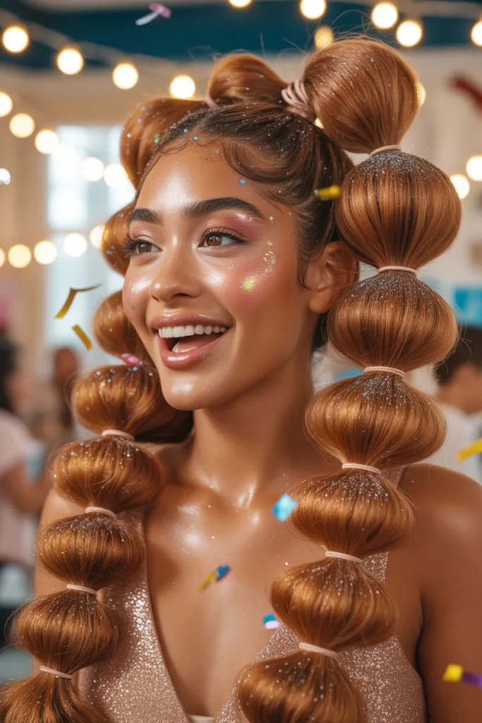 Playful Bubble Ponytail Birthday Hairstyle With Glitter