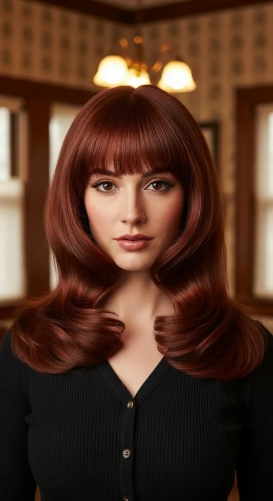 Retro-Inspired Wavy Wolf Cut with Full Bangs