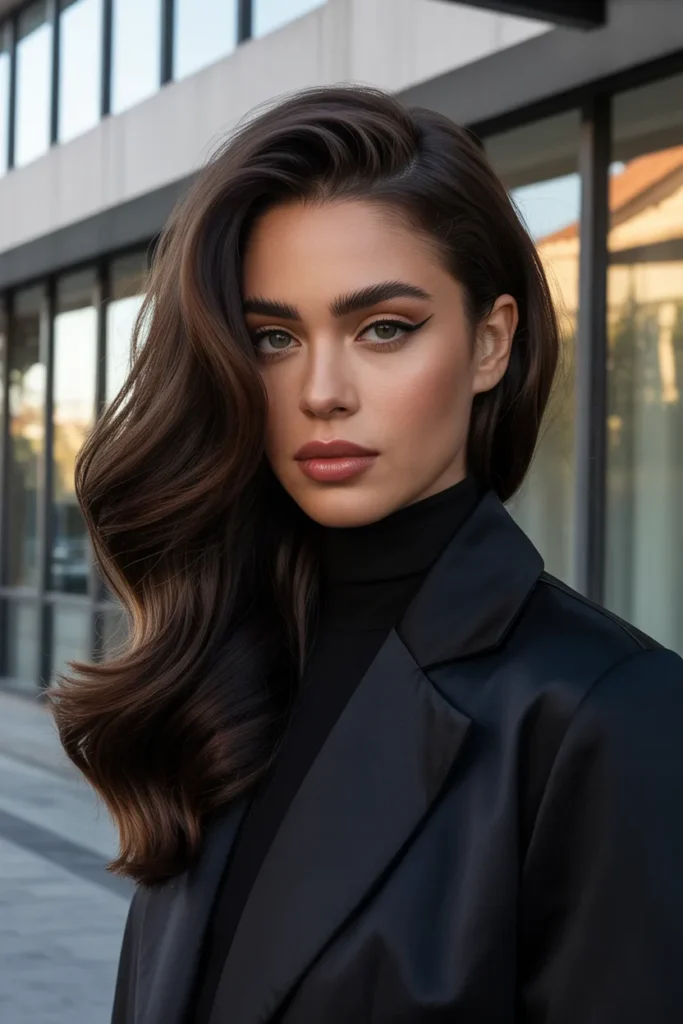 Rich Espresso California Brunette With a Deep Side Part