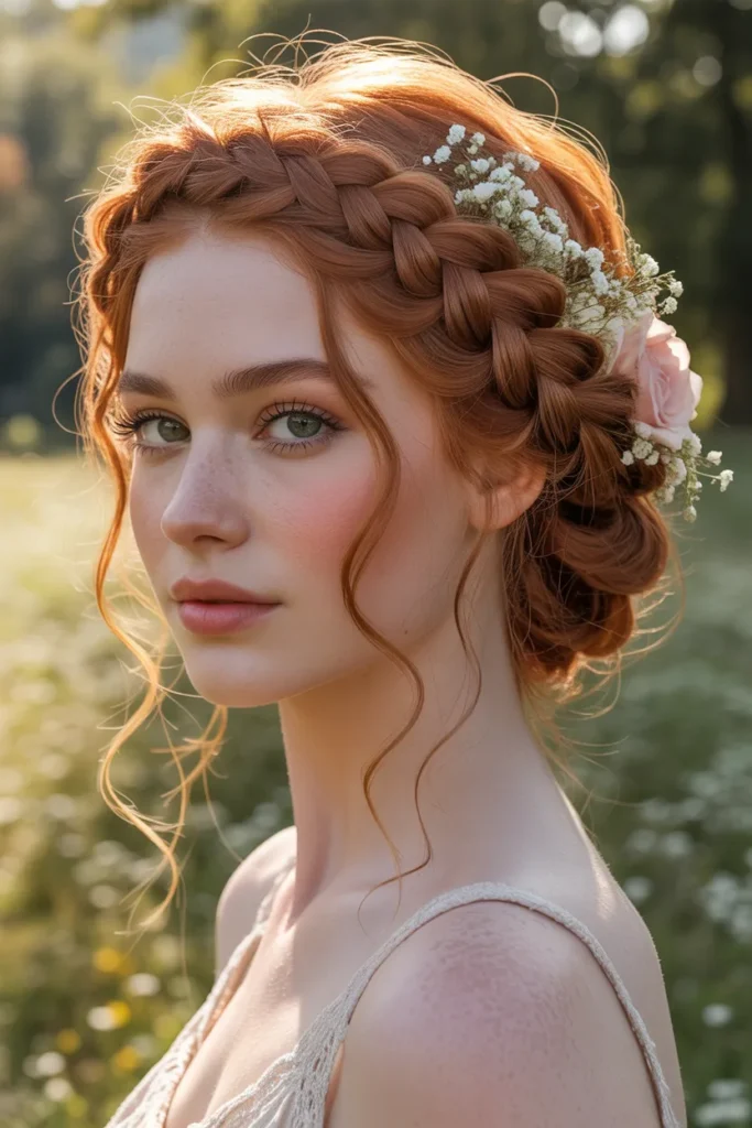 Romantic Braided Updo Birthday Hairstyle With Flowers