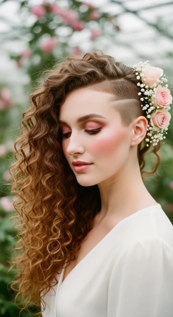Romantic Side Shave With Long Curls and Floral Accessories