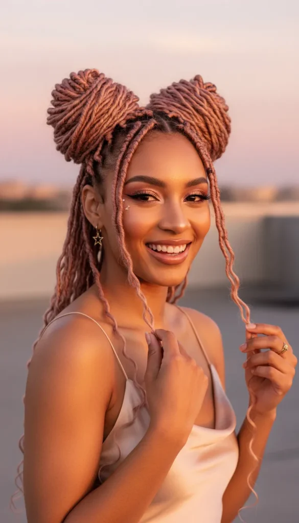 Rose Gold Dyed Locs Styled in Space Buns