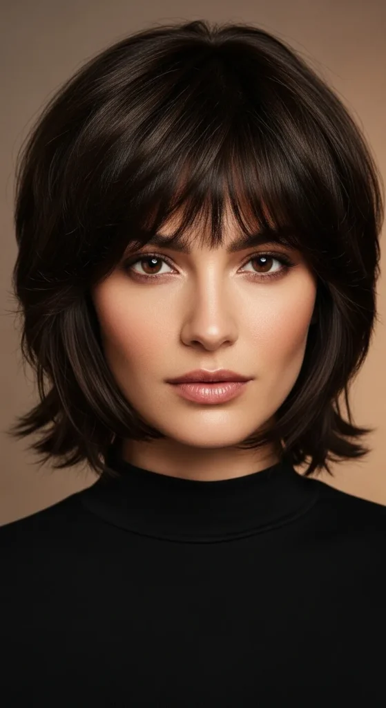 Short Wolf Cut with Curtain Bangs and Dark Espresso Tone