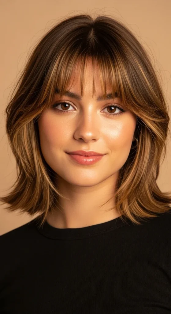 Short Wolf Cut with Curtain Bangs and Honey Blonde Highlights