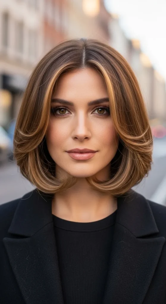 Shoulder-Length Lob with Caramel Dimension