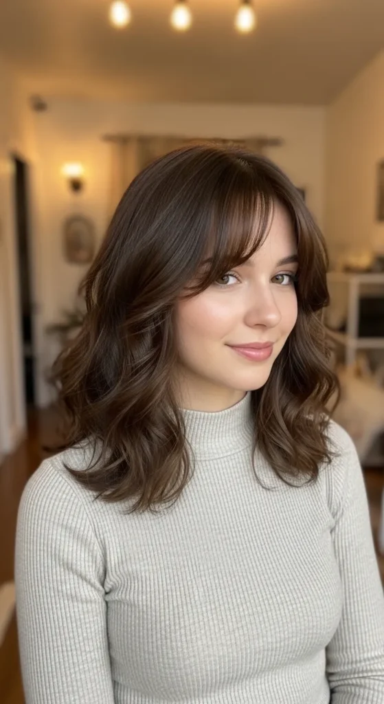 Shoulder-Length Wavy Wolf Cut with Curtain Bangs