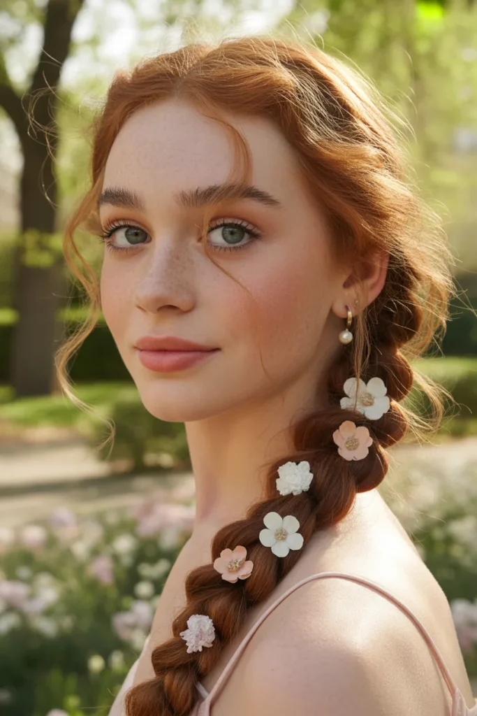 Side-Swept Braid With Flower Pins