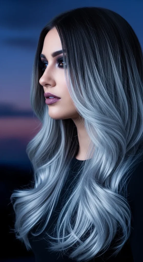 Silver Highlights Blended into an Ombre on Dark Roots