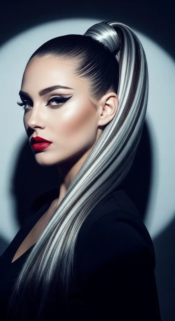 Silver Highlights Styled in a Sleek High Ponytail