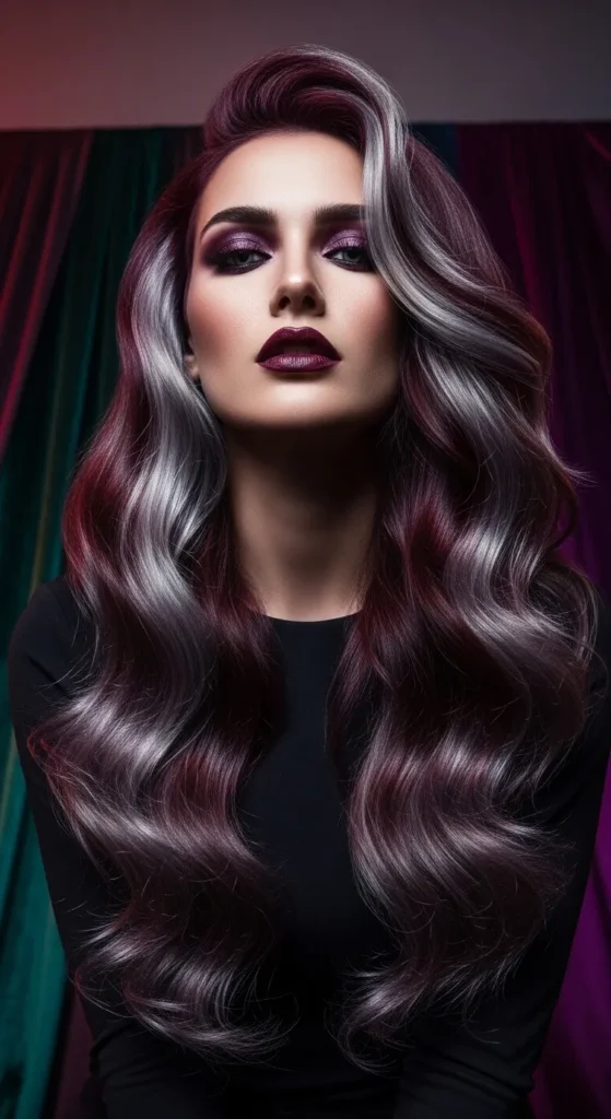 Silver Highlights on Deep Burgundy Hair