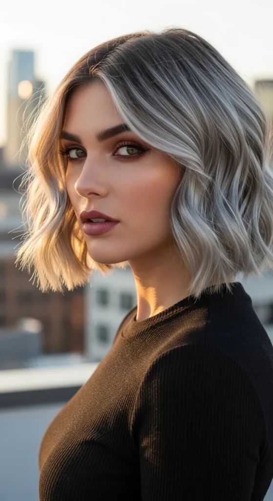 Silver Highlights on Wavy Bob Haircut