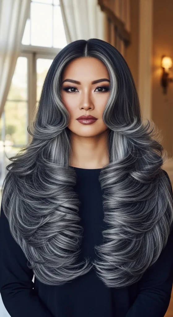 Silver Highlights on a Long Layered Haircut
