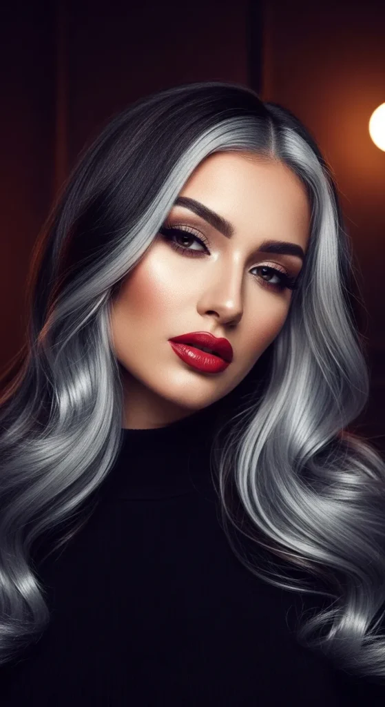 Silver Highlights with a Money Piece on Dark Hair