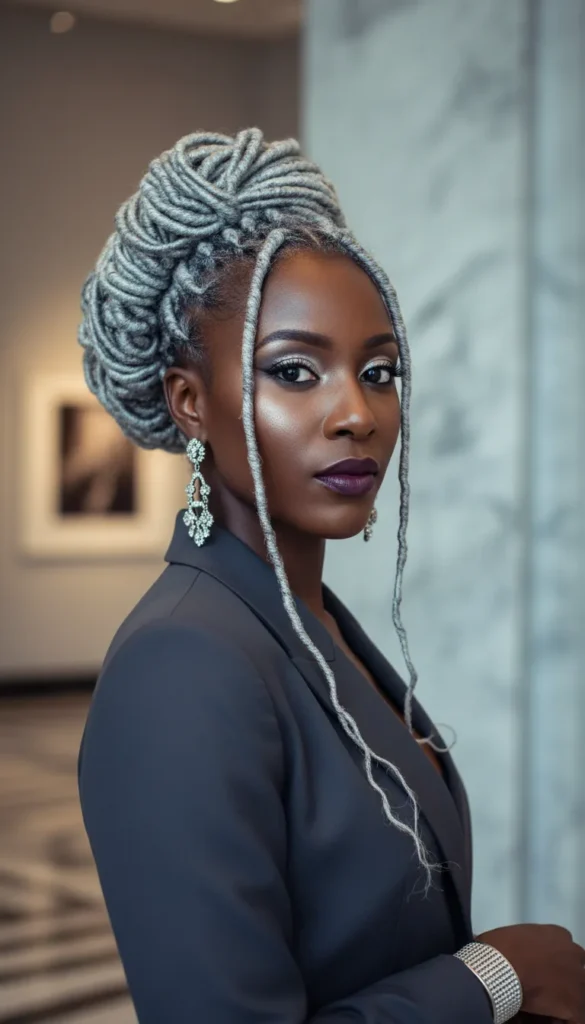 Silver and Grey Dyed Locs in a Sophisticated Updo