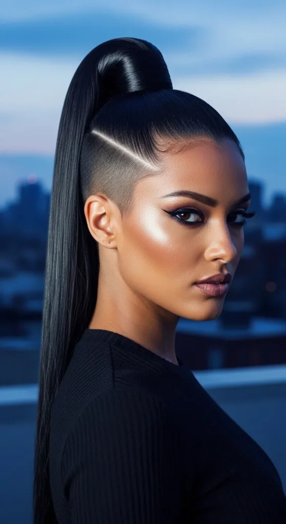 Sleek Black Side Shave With a High Ponytail
