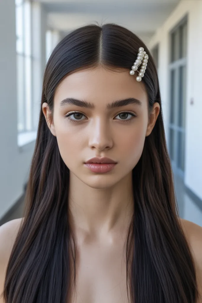 Sleek Middle Part With Straight Hair and Pearl Barrette