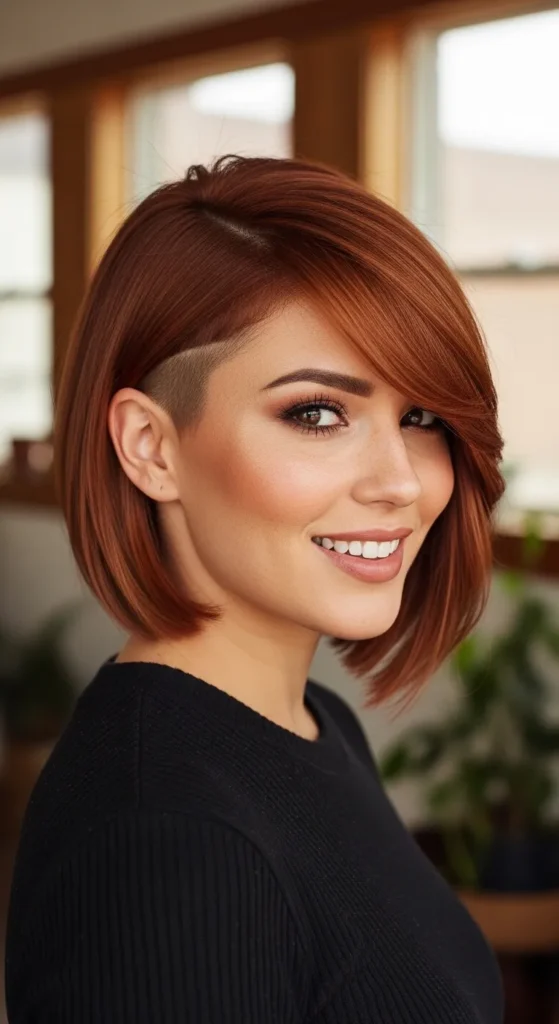 Sleek Side Shave With a Copper Brown Lob and Side Swept Bangs