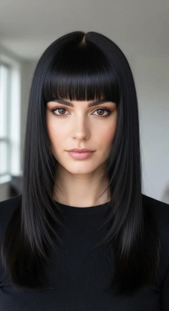 Sleek Straight Long Wolf Cut with Defined Curtain Bangs