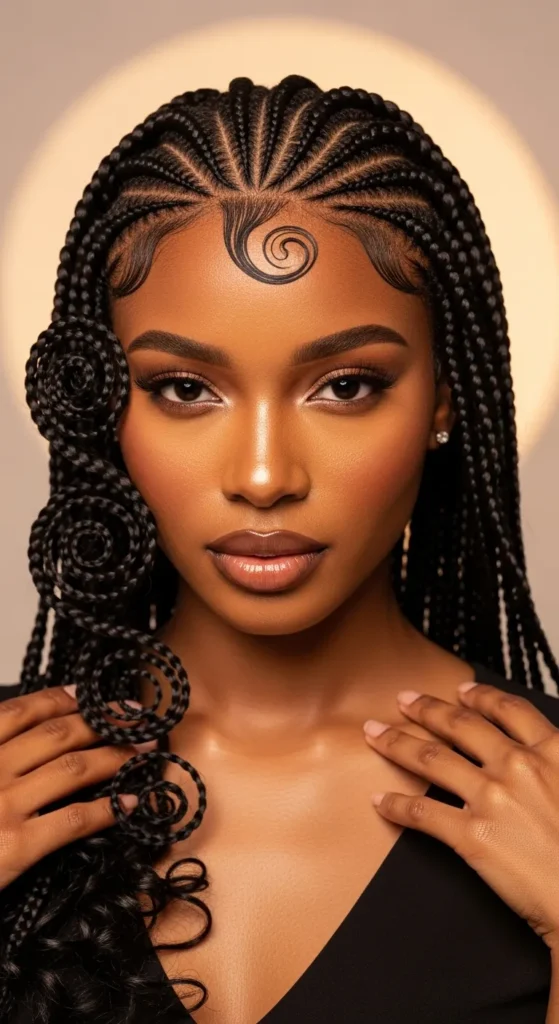 Sleek Swirl Cornrows With a Bold Center Part