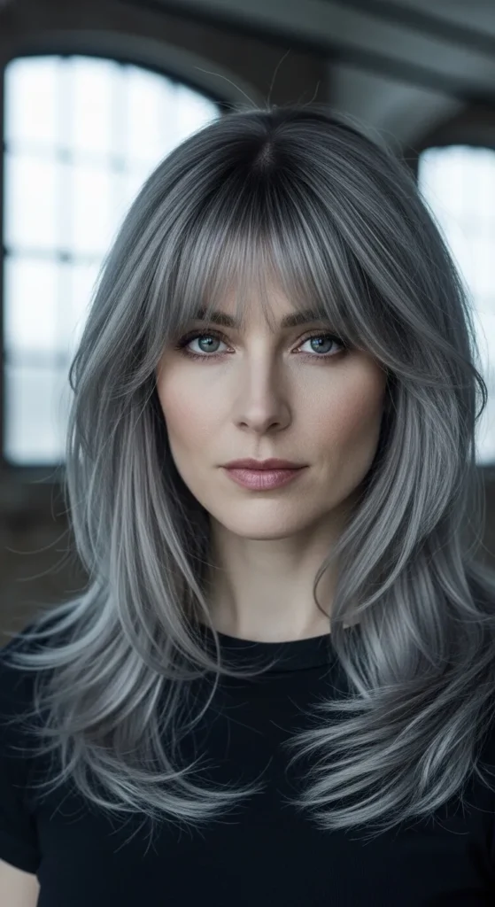 Smoky Grey Long Wolf Cut with Wispy Curtain Bangs