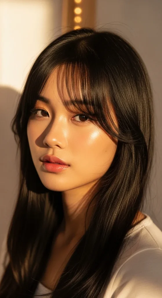 Soft Korean Curtain Bangs with Long Straight Hair