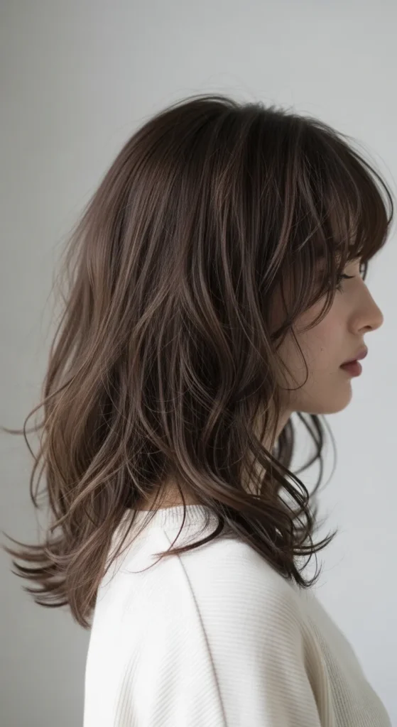 Soft Layered Wavy Wolf Cut with Wispy Bangs