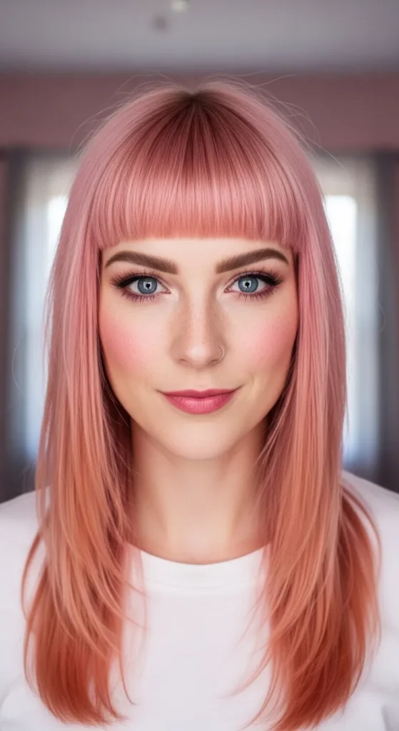 Soft Mullet with Baby Bangs and Rose Gold Ombre