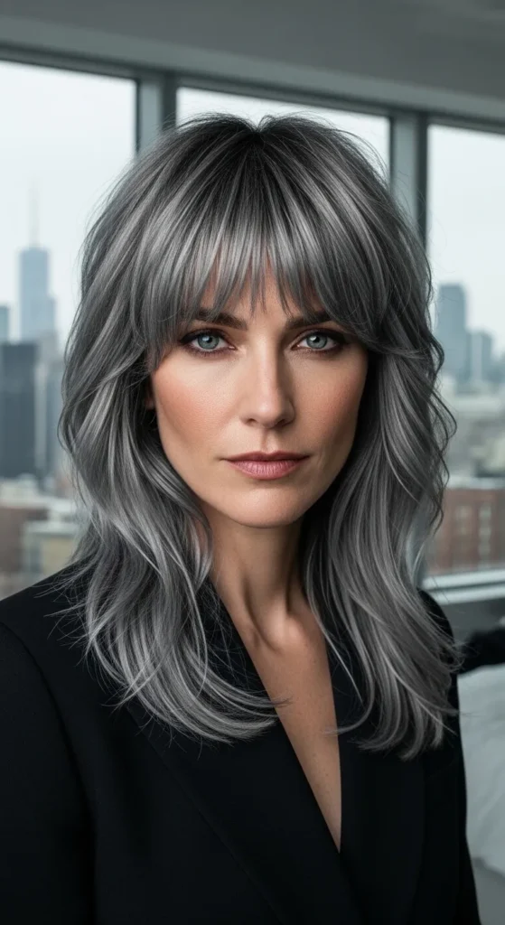Soft Mullet with Curtain Bangs and Silver Highlights