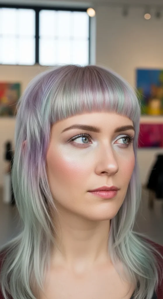 Soft Mullet with Curved Fringe and Iridescent Tones