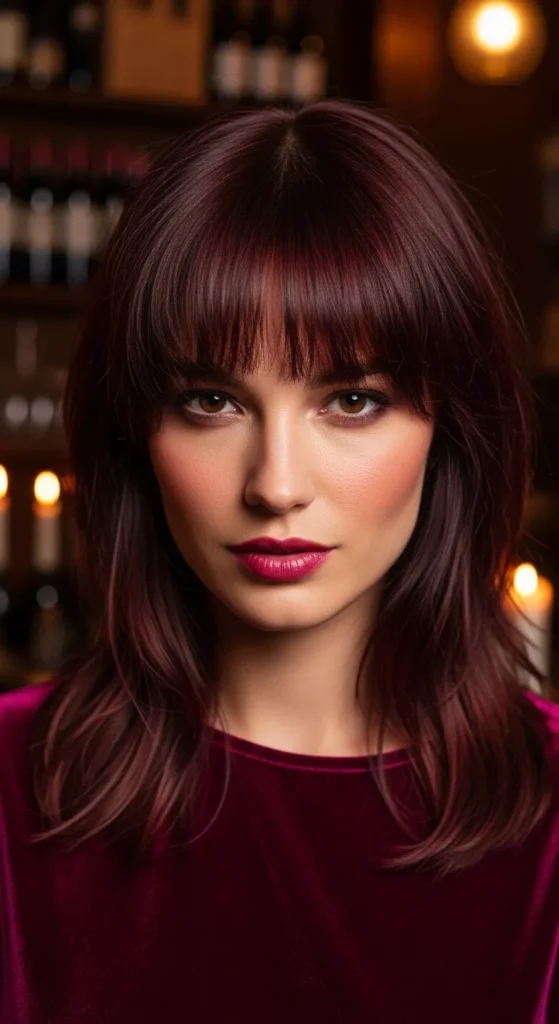 Soft Mullet with Wispy Bangs and Chocolate Cherry Tone